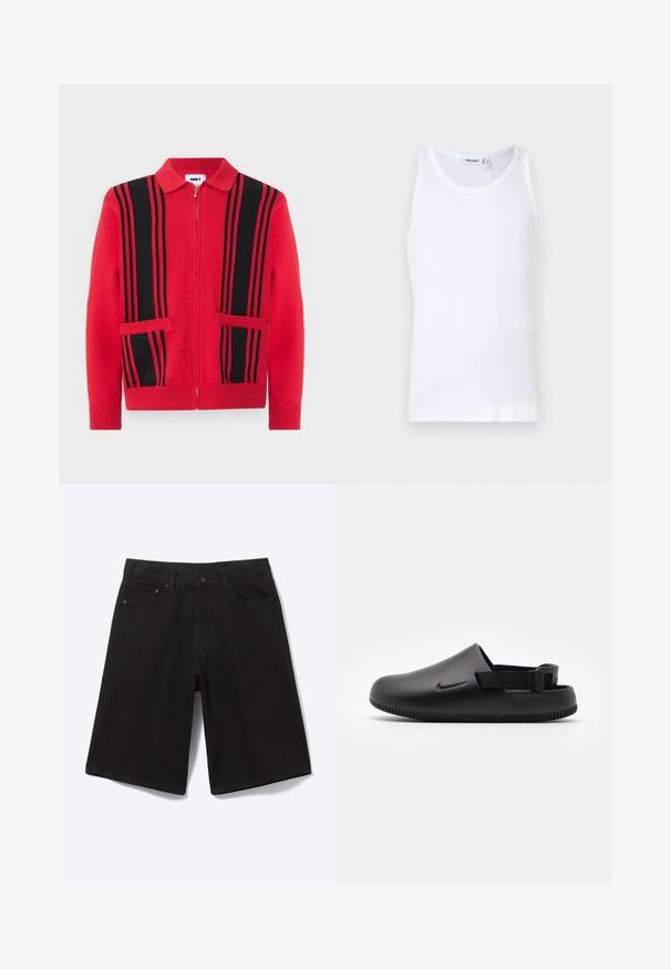 Pull en maille rouge à fermeture éclair avec des rayures verticales noires et deux poches avant, doté d'un col rabattu et de poignets et ourlet côtelés.; Débardeur en coton blanc avec un col rond et des bretelles larges. Texture lisse, sans motifs, design épuré et étiquette de marque au niveau du col.; Short en jean noir longueur genou avec bouton à l'avant, passants de ceinture et cinq poches, présenté sur fond blanc.; Sabots noirs moulés avec une texture lisse, une sangle à l'arrière pour la stabilité et une semelle à rainures pour l'adhérence. Présente un petit logo sur le côté.