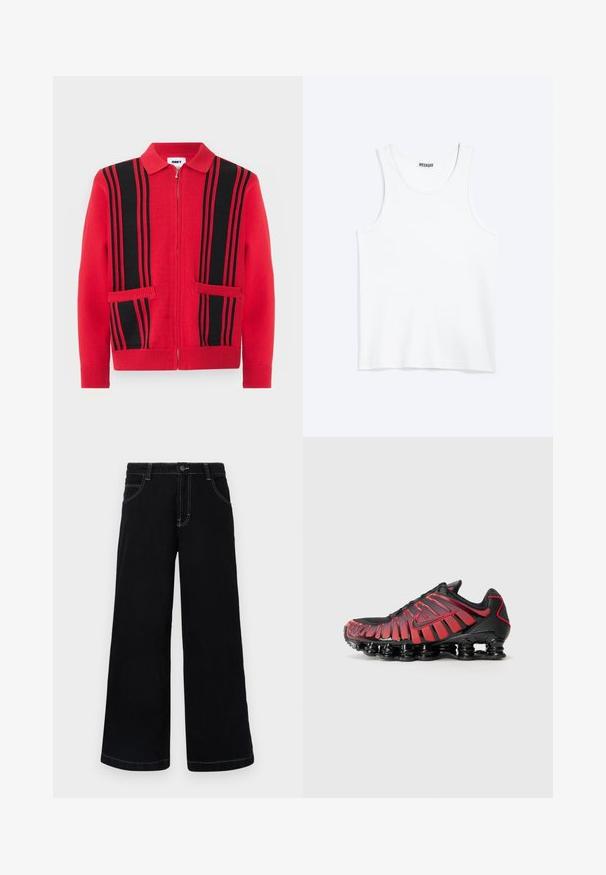 Roter Strickpullover mit Reißverschluss, schwarzen vertikalen Streifen und zwei Fronttaschen, mit umgelegtem Kragen sowie Bündchen und Saum mit Rippenmuster.; Weißes ärmelloses Tanktop mit rundem Ausschnitt und Weekday-Markenetikett auf der Innenseite des hinteren Kragens, flach auf hellem Hintergrund dargestellt.; Schwarze weit geschnittene Jeanshose aus Denim, mit Knopfverschluss, fünf Taschen und kontrastierendem weißen Nähten entlang der Nähte.; Schwarze und rote Sportschuhe verfügen über ein Mesh-Obermaterial mit vertikalen Streifen und einem gepolsterten Kragen, unterstützt von einer markanten, segmentierten Sohle.