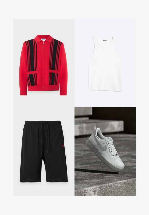 Roter Strickpullover mit Reißverschluss, schwarzen vertikalen Streifen und zwei Fronttaschen, mit umgelegtem Kragen sowie Bündchen und Saum mit Rippenmuster.; Weißes ärmelloses Tanktop mit rundem Ausschnitt und Weekday-Markenetikett auf der Innenseite des hinteren Kragens, flach auf hellem Hintergrund dargestellt.; Schwarze Mesh-Shorts mit elastischem Bund, verstellbarem Kordelzug und kleinem roten Logo auf der linken Seite. Leichter und atmungsaktiver Stoff.; Weißer Nike Air Force 1 Sneaker, der über einer strukturierten Betonoberfläche schwebt, mit Steinstufen im Hintergrund.