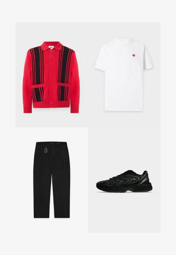 Pull en maille rouge à fermeture éclair avec des rayures verticales noires et deux poches avant, doté d'un col rabattu et de poignets et ourlet côtelés.; T-shirt blanc uni à manches courtes avec un petit emblème rouge en forme de cœur sur la partie gauche de la poitrine, sur un fond gris clair.; Pantalon noir à coupe droite, doté d'un clip en métal argenté et de deux poches latérales. Fabriqué en tissu lisse.; Baskets de sport noires avec des motifs en forme de vagues et un petit logo crocodile sur le côté, affichées sur un fond uni gris clair.