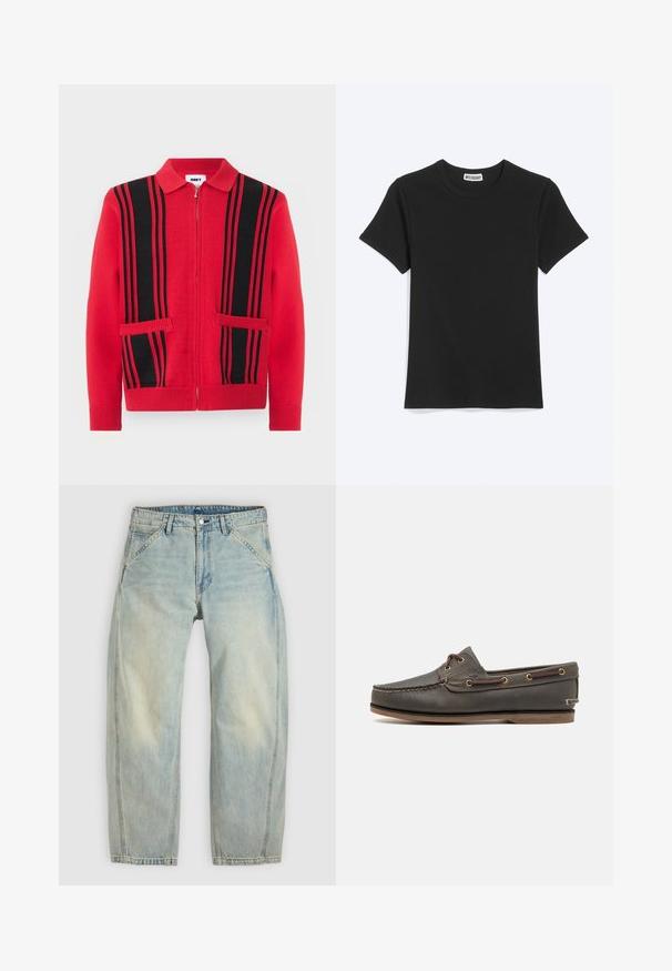 Pull en maille rouge à fermeture éclair avec des rayures verticales noires et deux poches avant, doté d'un col rabattu et de poignets et ourlet côtelés.; T-shirt noir uni à manches courtes et col rond avec une étiquette de la marque Weekday à l’intérieur du col, présenté sur fond blanc.; Jean large couleur bleu clair en denim. Comprend cinq poches, une fermeture par bouton et des zones délavées pour un aspect usé.; Bateau en cuir marron foncé avec un profil bas, comportant des œillets en laiton et des coutures contrastées, une semelle en caoutchouc plate et une finition texturée.