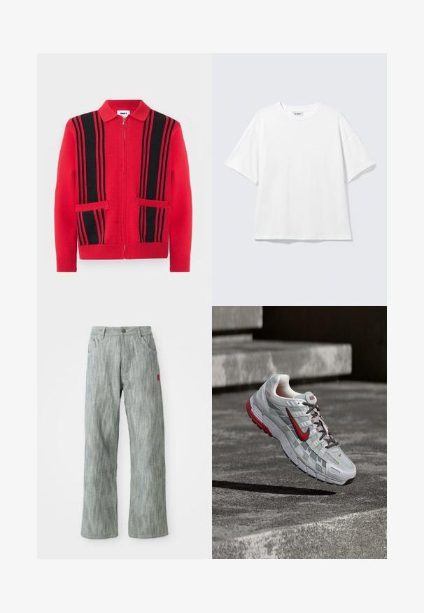 Rød strikket trøje med lynlås, sorte lodrette striber og to forlommer, med en krave, der kan foldes ned, samt ribstrikkede manchetter og kant.; Hvid oversized t-shirt med korte ærmer og rund halsudskæring med sænkede skuldre, fladt lagt på lys grå baggrund.; Lys grå lige ben jeans med for- og baglommer, knaplukning og et lille rødt stofmærke på højre side.; Hvid og grå Nike løbesko med røde accenter og sorte snørebånd, ophængt over grå beton-trin.