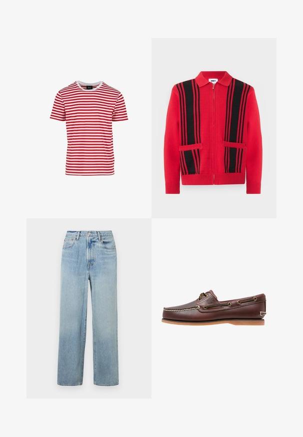 Suéter de punto rojo con cremallera, rayas verticales negras y dos bolsillos delanteros, con cuello vuelto y puños y bajo acanalados.; Camiseta de manga corta a rayas rojas y blancas con cuello redondo, hecha de una tela de textura suave. Presenta rayas horizontales uniformes.; Jeans de mezclilla de pierna recta de color azul claro, con una cintura alta, que cuentan con cinco bolsillos y un sutil desvanecimiento. Dobladillo sin rematar y detalles de costura en contraste.; Zapato náutico de cuero marrón con costuras blancas, detalles de cordones y suela de goma color coñac, mostrado de lado sobre un fondo blanco.