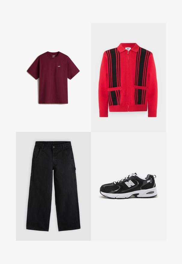 Suéter de punto rojo con cremallera, rayas verticales negras y dos bolsillos delanteros, con cuello vuelto y puños y bajo acanalados.; Camiseta de algodón marrón con mangas cortas, escote redondo y pequeño logo blanco de Vans en el pecho izquierdo. Textura suave, corte holgado.; Pantalones de trabajo negros de pierna ancha con trabillas para cinturón, bolsillos delanteros y cierre con botón, mostrados sobre un fondo claro y liso.; Zapatillas deportivas en negro y gris con parte superior de malla y ante, que cuentan con una entresuela blanca, cordones y un llamativo logo "N" en el lateral.