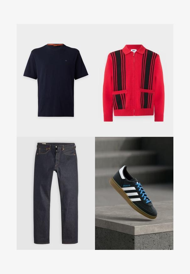 Roter Strickpullover mit Reißverschluss, schwarzen vertikalen Streifen und zwei Fronttaschen, mit umgelegtem Kragen sowie Bündchen und Saum mit Rippenmuster.; Schlichtes dunkelmarineblaues T-Shirt mit kurzen Ärmeln und Rundhalsausschnitt, mit einem kleinen gestickten Logo auf der linken Brust und einem orangefarbenen Besatz am Innenkragen.; Dunkelblaue Jeans aus Denim mit geradem Bein, versehen mit orangefarbener Naht und klassischem Five-Pocket-Design. Verschluss mit Knopf und Reißverschluss.; Schwarzer Adidas-Sneaker mit weißen Streifen, blauen Schnürsenkeln und Gummisohle, der über einer grauen Betontreppe im weichen Licht schwebt.