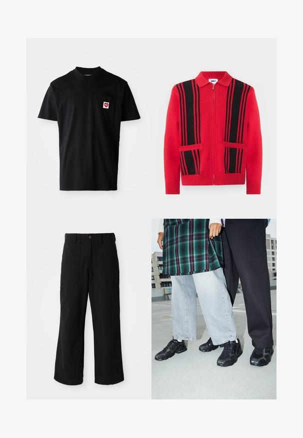 Pull en maille rouge à fermeture éclair avec des rayures verticales noires et deux poches avant, doté d'un col rabattu et de poignets et ourlet côtelés.; T-shirt en coton noir avec un col rond, des manches courtes et une poche sur la poitrine gauche arborant un patch en forme de cœur rouge avec du texte blanc.; Pantalons noirs à large jambe en tissu doux, dotés de poches avant et d'une fermeture à bouton à la taille. Design minimaliste sans motifs visibles.; Baskets de sport noires avec des accents en mesh et en caoutchouc. Portées avec un jean large gris clair et un haut à carreaux vert. Fond à surface plane.