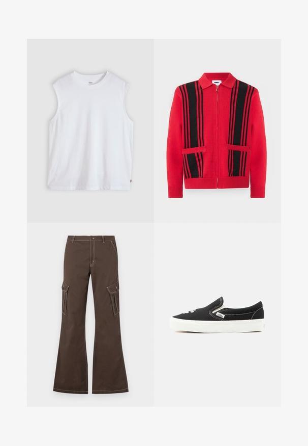 Pull en maille rouge à fermeture éclair avec des rayures verticales noires et deux poches avant, doté d'un col rabattu et de poignets et ourlet côtelés.; T-shirt blanc sans manches à col rond avec une petite étiquette logo Levi's sur la couture latérale, présenté sur un fond clair uni.; Pantalons cargo marron avec des jambes évasées, dotés de poches latérales, d'accents de couture blanche et d'une fermeture à bouton en métal.; Baskets à enfiler Vans noires avec semelle en caoutchouc blanche, coutures blanches et accents élastiques sur les côtés, vues de l'extérieur.