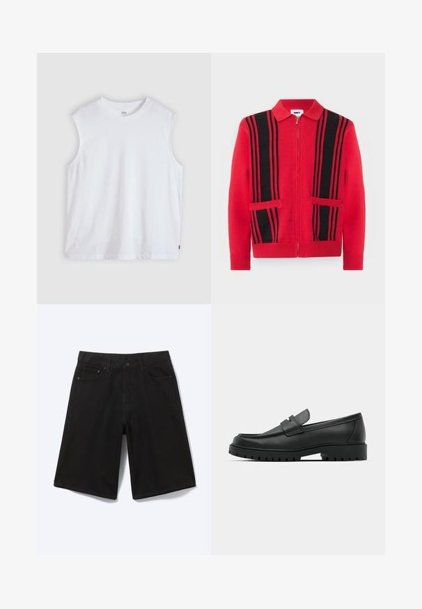Pull en maille rouge à fermeture éclair avec des rayures verticales noires et deux poches avant, doté d'un col rabattu et de poignets et ourlet côtelés.; T-shirt blanc sans manches à col rond avec une petite étiquette logo Levi's sur la couture latérale, présenté sur un fond clair uni.; Short en jean noir longueur genou avec bouton à l'avant, passants de ceinture et cinq poches, présenté sur fond blanc.; Mocassins en cuir noir à bout arrondi, avec un design cousu, une semelle plateforme basse et une semelle en caoutchouc texturée et crantée.