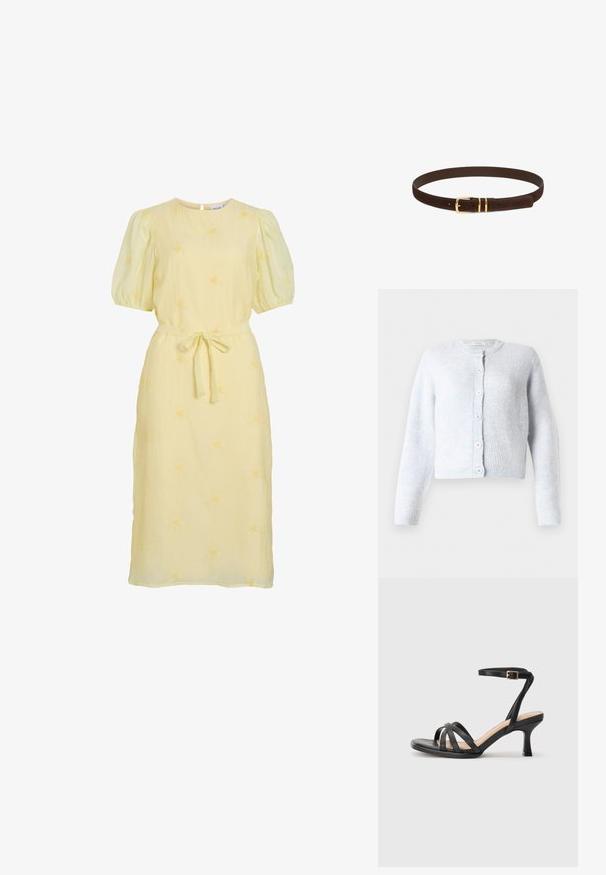 Cárdigan azul claro hecho de suave tejido de punto, con mangas largas, un cuello redondo y seis botones en la parte delantera.; Vestido midi amarillo claro con mangas abullonadas, escote redondo, cinturón de tela atado en la cintura y sutil bordado floral en toda la prenda.; Sandalias negras de tacón alto con múltiples tiras finas en la parte delantera, una sola tira en el tobillo con un hebilla dorada y punta cuadrada.; Cinturón de cuero marrón oscuro con hebilla de metal dorado y dos pasadores dorados, mostrado enrollado sobre fondo blanco.