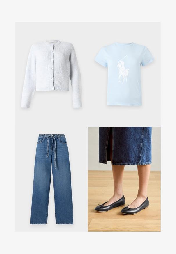 Lichtblauwe cardigan van zacht breiwerk, met lange mouwen, een ronde hals en zes knopen aan de voorkant.; Lichtblauw T-shirt met een witte afbeelding van een polo-speler te paard die een opgeheven knuppel vasthoudt aan de voorkant.; Lichtblauwe denim wide-leg jeans met een hoge taille, voorzien van een striksluiting, twee voorzakken en een licht vervaagd patroon.; Zwarte leren ballerina's met een ronde neus, een klein strikdetail en een lage houten hak, gedragen met een spijkerrok.
