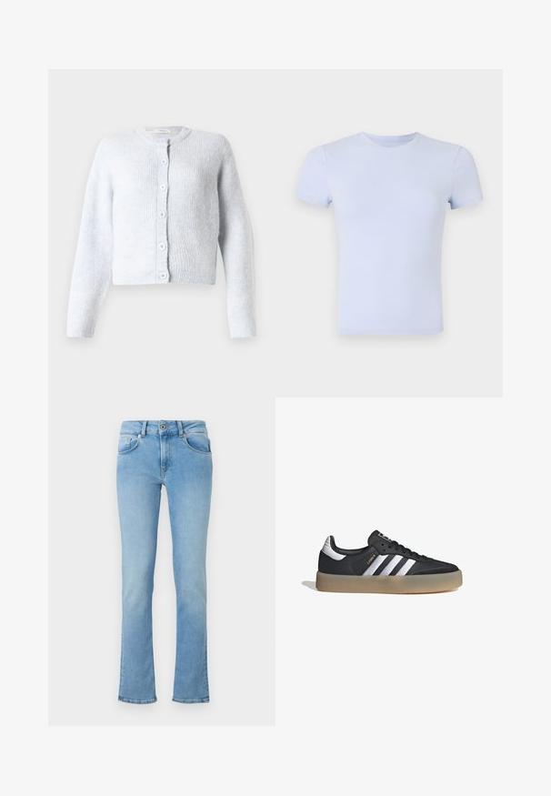 Cárdigan azul claro hecho de suave tejido de punto, con mangas largas, un cuello redondo y seis botones en la parte delantera.; Good American SUPER STRETCH BABY TEE - Camiseta básica - periwinkle; Jeans de denim azul claro con una cintura ajustada, piernas acampanadas, diseño de cinco bolsillos y cierre de botón. La tela tiene una textura suave.; Zapatilla deportiva de cuero negro con tres rayas plateadas, punta texturizada y suela de goma. Cuenta con un collar acolchado y un diseño con cordones.