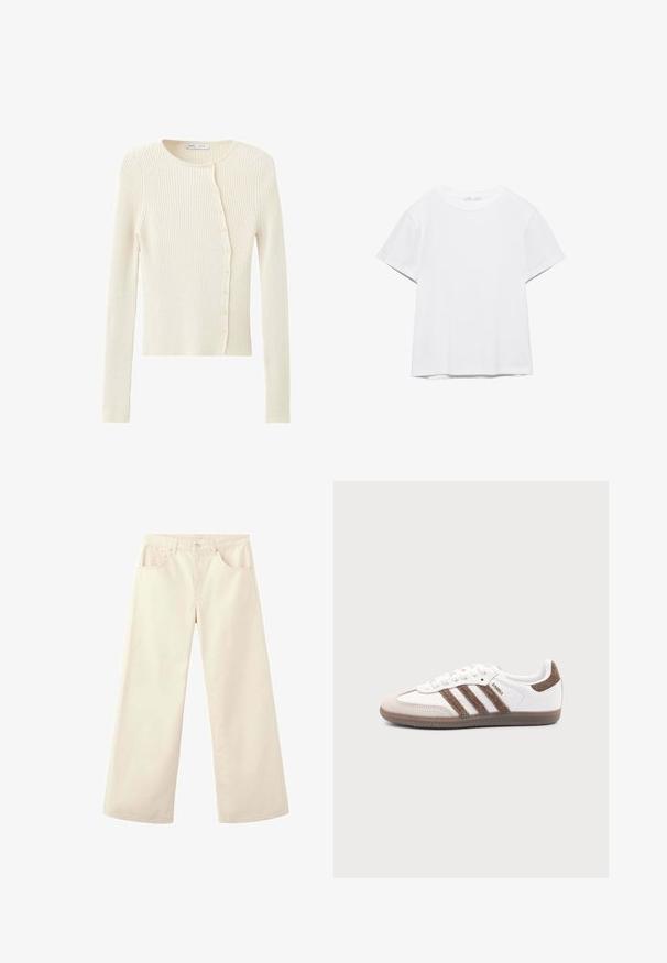 Cardigan long à manches longues en maille côtelée crème avec de petits boutons ronds disposés en diagonale sur le devant.; T-shirt blanc uni à manches courtes et col rond, avec un ourlet droit, présenté sur un fond blanc.; Pantalon crème à jambes larges et taille haute avec poches avant, passants pour ceinture et fermeture par bouton, présenté sur fond blanc.; Baskets Adidas Samba blanches avec des bandes en daim marron, semelle en caoutchouc marron et bout en daim beige, vues du côté extérieur sur un fond uni.
