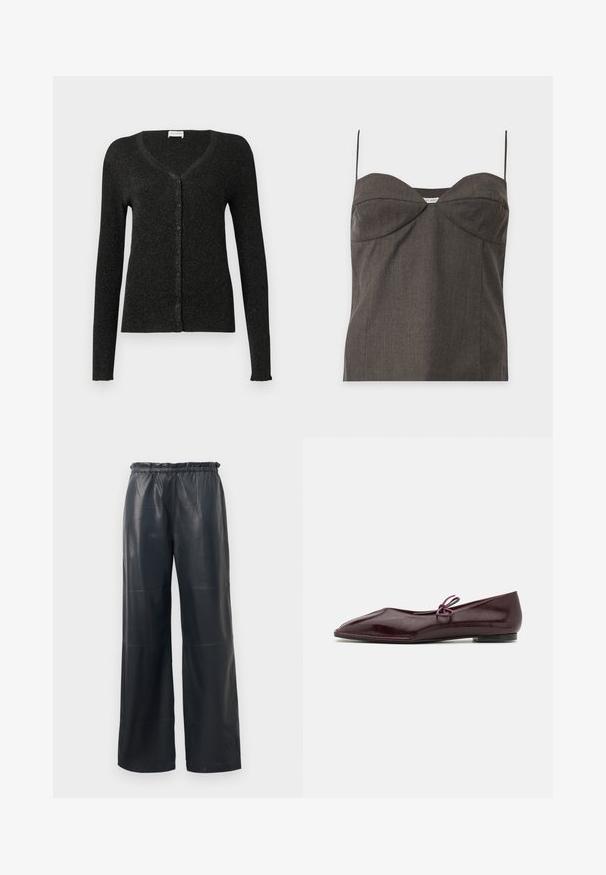CLOSED CARDIGAN - Strickjacke - black; Dunkelgraues trägerloses Bustier-Top mit dünnen Spaghettiträgern und dezenten Naht-Details auf weißem Hintergrund.; Schwarze, fauxlederne weite Hosen mit elastischem Bund, die eine glatte Textur und saubere Nähte aufweisen.; Ballerinas aus bordeauxrotem Lackleder mit einer spitzen Zehenform und einem dekorativen lila Bogen auf dem Blatt; flaches Sohlen-Design.