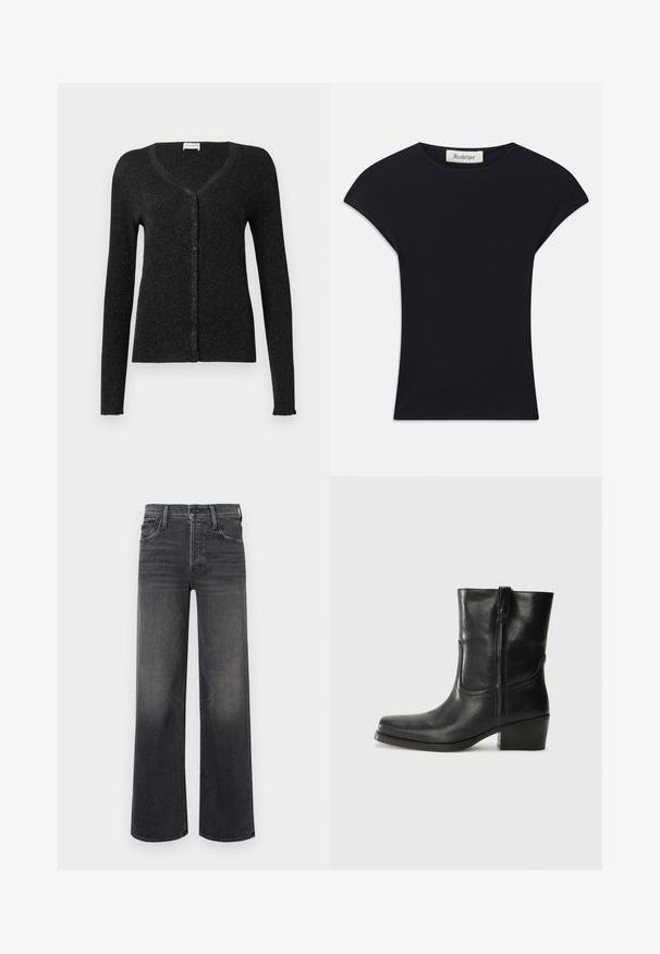 CLOSED CARDIGAN - Vest - black; Zwarte korte mouwen top van zacht stof, met een ronde halslijn en een aansluitende vorm met subtiele schouderaccenten. Etiket zichtbaar.; Zijden jeans in donkergrijze denim, met een subtiele vervaagde uitstraling. Klassiek vijf-pocket ontwerp met riemlussen en zichtbare stiksels.; Zwarte leren enkellaars met een ronde neus, blokhak, zijrits en stikselaccenten op de wreef. Gladde textuur, klassiek ontwerp.
