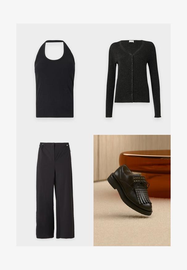 CLOSED CARDIGAN - Kardigán - black; CLOSED NECK HOLDER - Top - black; Čierne nohavice s širokými nohavicami, elastickým pásom a vreckami so zipsom na bielom pozadí.; Čierna kožená šnurovacia topánka s dekoratívnymi strapcami a kovovými nitmi položená na béžovom koberci pri hnedom nábytku.
