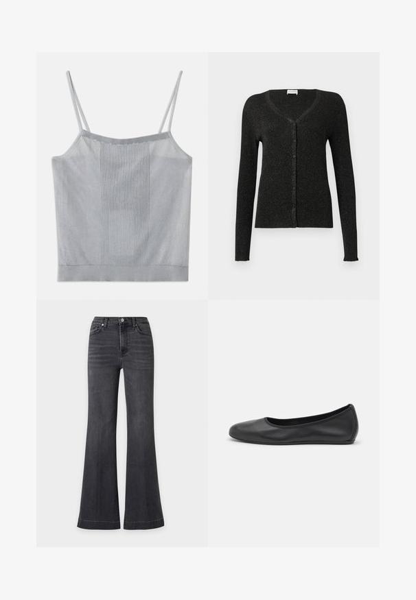 CLOSED CARDIGAN - Ζακέτα - black; Ανοιχτό γκρι τοπ καμίσας με λεπτές τιράντες, με ριμπ υφή στο κέντρο και ομαλή υφασμάτινη επιφάνεια στα πλαϊνά, τελειωμένες άκρες και εφαρμοστή σχεδίαση.; Μαύροι τζιν με ψηλή μέση και καμπάνα στο τελείωμα, εμπρός κουμπί και φερμουάρ, τσέπες μπροστά και πίσω, και διακοσμητικές ραφές στο τελείωμα.; Μαύρο δερμάτινο μπαλαρίνι με στρογγυλή μύτη, λεία υφή, ελάχιστες λεπτομέρειες ραφής και σχεδίαση ευέλικτης σόλας.