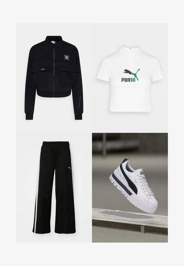 Veste courte zippée noire en tissu doux, dotée de deux poches avant, d'un patch logo Puma et d'un texte turquoise sur la manche.; Polo shirt blanc cropped avec une fermeture à demi-zip, présentant un logo Puma noir et bleu canard sur le devant. Fabriqué en tissu lisse.; Pantalons larges noirs avec une taille élastique, des rayures blanches verticales, des poches latérales zippées et un petit logo sur la cuisse.; Baskets à plateforme blanches Puma avec bande noire et logo doré, flottant au-dessus d'un banc en béton en extérieur.