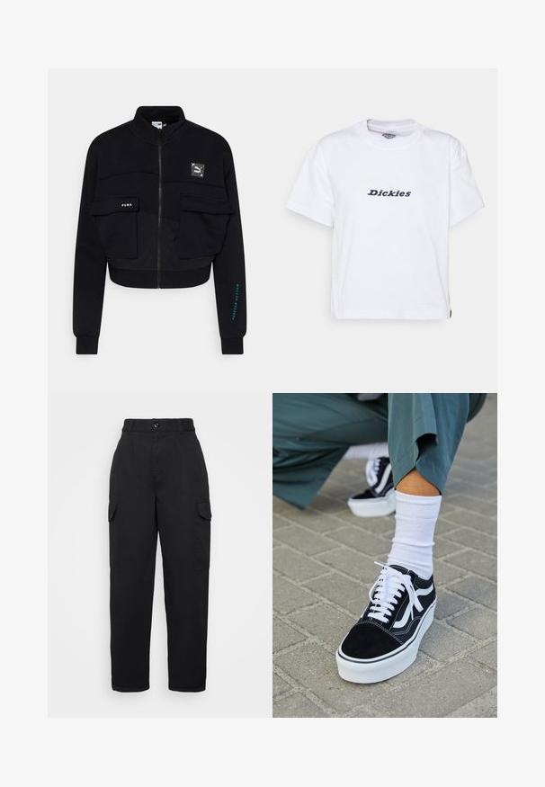 Veste courte zippée noire en tissu doux, dotée de deux poches avant, d'un patch logo Puma et d'un texte turquoise sur la manche.; Dickies LORETTO TEE - T-shirt imprimé - white; Pantalon cargo noir à taille haute, avec des plis à l'avant, deux poches latérales et une coupe décontractée, fabriqué en tissu robuste avec une texture lisse.; Baskets en suède noir avec des accents et des lacets blancs, présentant une épaisse semelle blanche et des coutures contrastantes, associées à une chaussette blanche.