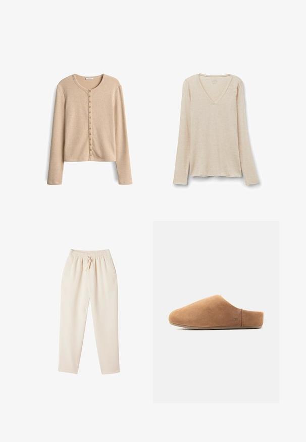 Beige, langärmlige Strickjacke aus geripptem Material mit einem runden Ausschnitt und einer Knopfleiste auf der Vorderseite.; Langärmliges V-Ausschnitt-Oberteil aus leicht beigem Stoff mit weicher Textur. Entspannte Passform mit geradem Saum und minimalistischem Design.; Beige Loungehosen mit entspanntem Schnitt, elastischem Bund, Kordelzug und seitlichen Taschen. Hergestellt aus einem weichen, strukturierten Stoff.; Hellbrauner Velours-Slipper zum Hineinschlüpfen mit geschlossenem Vorderteil, offenem Fersenbereich, flacher Sohle und kleinem UGG-Logo an der Seite, im Profil gezeigt.