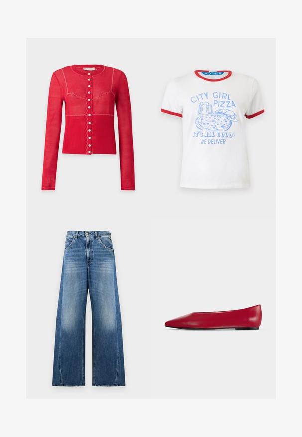 Cardigan rouge à manches longues avec boutons, coutures blanches en zigzag et partie inférieure côtelée sur fond gris clair uni.; T-shirt blanc à manches courtes avec bordure rouge, impression bleue de pizza, burger, bière et texte "CITY GIRL PIZZA TOUT VA BIEN, NOUS LIVRONS."; Jean en denim bleu à jambes larges avec taille haute, zones avant des cuisses décolorées, poches avant, fermeture par boutons et passants de ceinture sur fond blanc.; Chaussure plate en cuir rouge à bout pointu, semelle noire et petit talon, vue de profil sur un fond clair uni.
