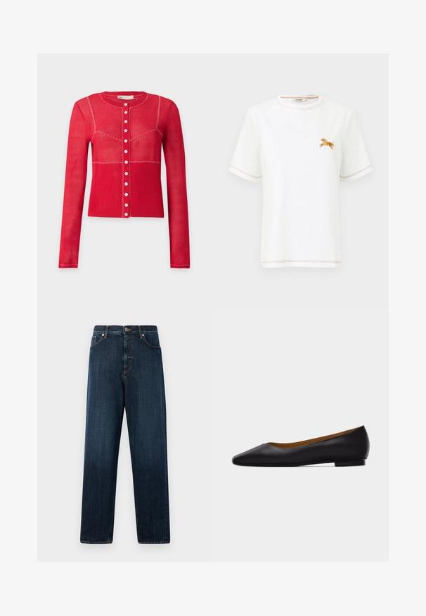 Rød langærmet cardigan med knapper, med hvide zigzag-syninger og ribstrikket nederste halvdel på en ensartet lys grå baggrund.; Hvid T-shirt med korte ærmer, orange syninger og lille orange broderet hest på venstre bryst, rund halsudskæring.; Mørkeblå lige bukser lavet af denim, som har et klassisk fem-lomme design, syninger og en knaplukning i taljen.; Sort læder flad sko med spids tå, lav hæl og glat finish, vist fra siden på en lysegrå baggrund.