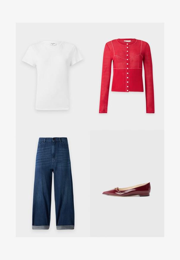 Cardigan rouge à manches longues avec boutons, coutures blanches en zigzag et partie inférieure côtelée sur fond gris clair uni.; T-shirt en coton blanc avec un col rond et des manches courtes, présentant une coupe décontractée et un design minimaliste. Étiquette visible au niveau du cou.; Jean en denim bleu foncé à jambes larges avec ourlets retroussés, bouton avant et poches sur un fond clair.; Ballerines en cuir verni bordeaux avec un bout pointu, présentant un petit détail découpé et un petit talon. Texture lisse et design épuré.