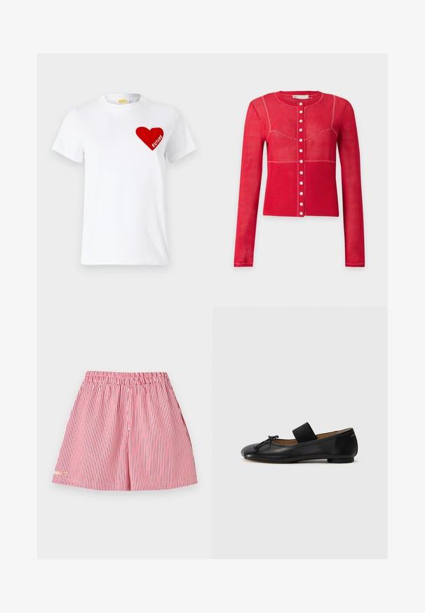 Cardigan rouge à manches longues avec boutons, coutures blanches en zigzag et partie inférieure côtelée sur fond gris clair uni.; T-shirt en coton blanc avec un graphique en forme de cœur rouge portant le mot "FUTURE" à l'intérieur, manches courtes et design col rond.; Shorts rayés verticalement rouge et blanc avec taille élastique et petit logo jaune en bas à gauche.; Ballerines en cuir noir avec un bout arrondi, un petit nœud décoratif et une lanière élastique sur le cou-de-pied pour un maintien sécurisé. Semelle plate.