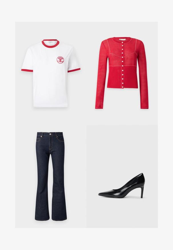 Cardigan rouge à manches longues avec boutons, coutures blanches en zigzag et partie inférieure côtelée sur fond gris clair uni.; T-shirt blanc à manches courtes avec col et bordures de manches rouges, avec un petit logo circulaire rouge "JOOP! Jeans" sur la poitrine gauche.; Jean en denim foncé évasé avec une taille haute, présentant des coutures visibles, une fermeture à boutons sur le devant et un design classique à cinq poches.; Chaussure à talon haut en cuir noir avec un bout pointu, texture lisse et un talon effilé. Design minimaliste, sans embellissements supplémentaires.