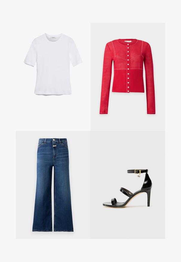 Cárdigan largo rojo con botones, costuras blancas en zigzag y mitad inferior acanalada sobre un fondo liso gris claro.; Camiseta de manga corta blanca hecha de tela de canalé. Cuello redondo, corte regular y detalles de costura sutiles. Sin patrones ni gráficos.; Vaqueros de mezclilla azules de cintura alta y pierna ancha, con bolsillos delanteros, trabillas para cinturón, cierre de botones y bragueta visible sobre un fondo liso.; Sandalia de charol negro con tres correas, hebilla en el tobillo y tacón de aguja de 10 cm. Presenta detalles de hardware en oro y un charm con el logo.
