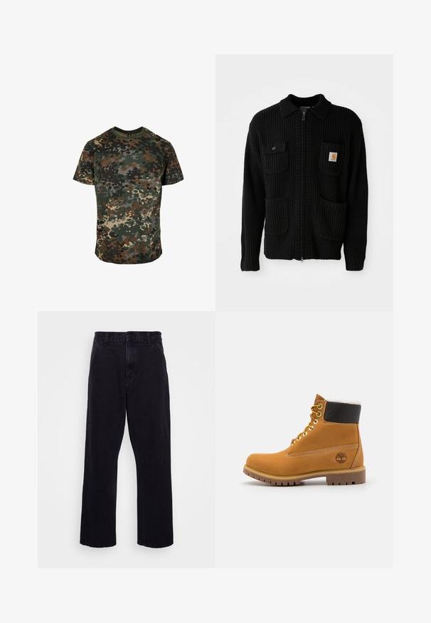Cardigan de punto negro con textura acanalada, que presenta una cremallera frontal, dos bolsillos de parche y una etiqueta con el logo en el bolsillo izquierdo.; Camiseta de camuflaje hecha de algodón, con un estampado multicolor en verde, marrón y negro. Cuello redondo y mangas cortas.; Pantalones de mezclilla negros con un diseño de pierna recta, que cuentan con un cierre de botón y cremallera, presillas para cinturón y detalles de costura mínimos.; Botín de cuero marrón con ojales de metal, forro de piel sintética blanca, cuello acolchado negro, suela resistente y logotipo en relieve en el costado.