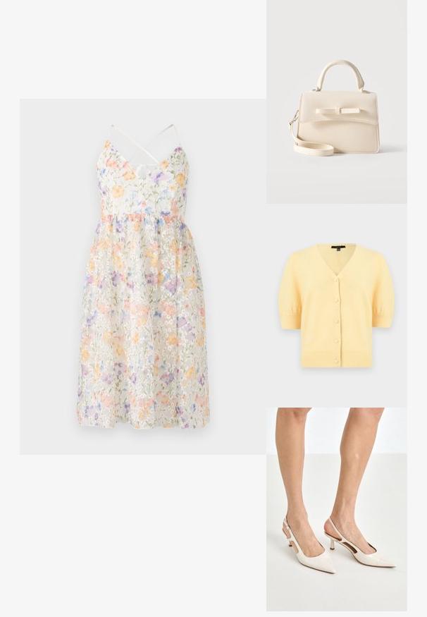 Cárdigan de manga corta amarillo suave con escote en V, cinco botones delanteros cubiertos y puños y dobladillo acanalados.; Vestido floral de tejido ligero con colores pastel y un forro transparente, con tirantes ajustables y una falda acampanada.; Tacones slingback de charol beige con punta afilada y un tacón de 5 cm, con lados recortados y una delgada correa en el tobillo.; Pequeño bolso beige con asa superior, correa desmontable, solapa frontal y lazo decorativo horizontal sobre un fondo liso.