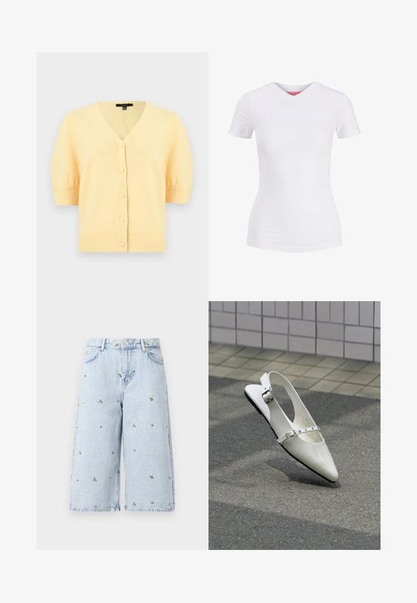 Blød gul kortærmet cardigan med V-hals, fem skjulte knapper foran og ribstrikkede ærmekanter og kant forneden.; Hvid tætsiddende T-shirt med korte ærmer og V-hals vist på en ensfarvet baggrund med frontvisning.; Lysvasket denimshorts med blomsterbroderi, der inkluderer margueritter og grønne blade. Klassisk fem-lomme design og en frynset kant.; Hvid spids slingback flad sko med to sølvspænder, vist udendørs på tekstureret underlag og flisebelagt væg baggrund.
