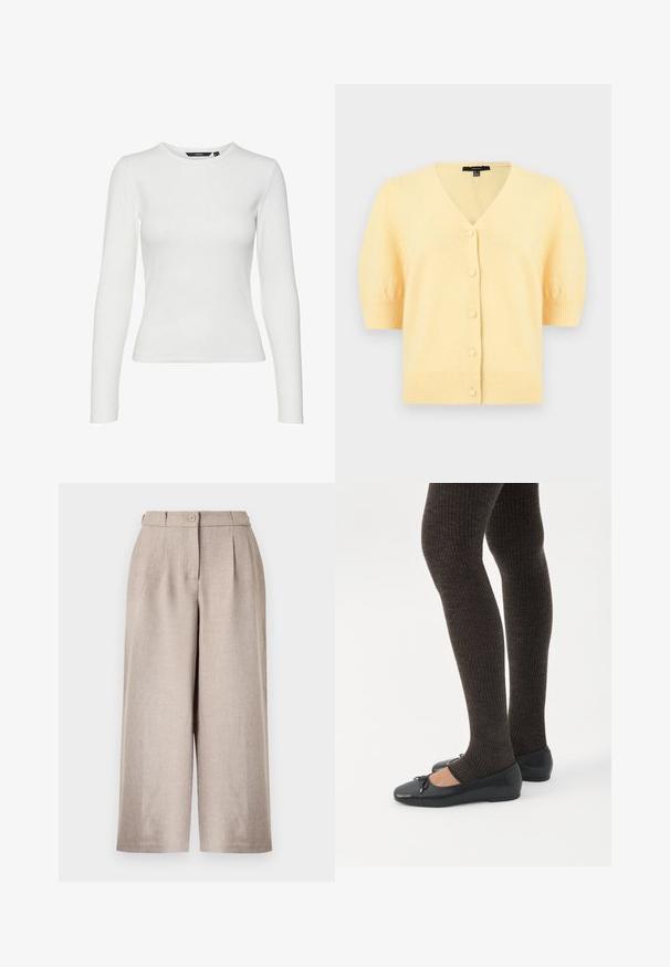Blød gul kortærmet cardigan med V-hals, fem skjulte knapper foran og ribstrikkede ærmekanter og kant forneden.; Hvid langærmet skjorte lavet af ribbet stof, med rund halsudskæring og tætsiddende design. Ingen mønstre eller accenter synlige.; Beige bukser med høj talje og vide ben, forsynet med forreste læg, knaplukning og bæltestropper på hvid baggrund.; Ben iført mørke ribbede leggings kombineret med sorte balletsko med små sløjfedetaljer på hvid baggrund.