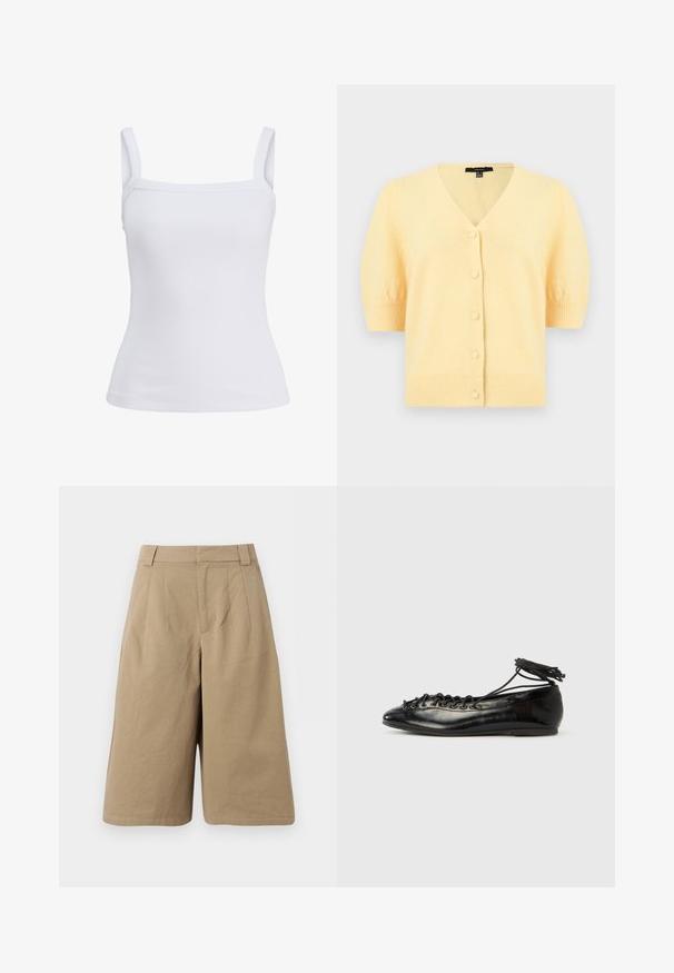 Cárdigan de manga corta amarillo suave con escote en V, cinco botones delanteros cubiertos y puños y dobladillo acanalados.; Camiseta sin mangas blanca con textura acanalada, tirantes anchos y escote recto, mostrada sobre un fondo liso.; Pantalones cortos beige hasta la rodilla con trabillas para cinturón, plisados delanteros y cierre delantero oculto, confeccionados en tela suave.; Zapatos planos tipo ballet de charol negro con punta redondeada, diseño con cordones y suela plana. Textura lisa con detalles mínimos.