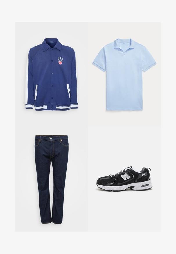 Marineblå jakke med hvide detaljer, knaplukning og sidelommer. Har et "USA" emblem med stjerner og striber, ribbede manchetter og kant.; Lyseblå polo-shirt med korte ærmer, krave og lille broderet logo på venstre bryst mod en hvid baggrund.; Mørkeblå denim jeans med lige ben, der har synlige stikninger i kontrasterende gul, fem lommer og en frontlukning med knap.; Sorte og grå sportssko med mesh og ruskind på overdelen, der har en hvid mellemsål, snørebånd og et iøjnefaldende "N" logo på siden.