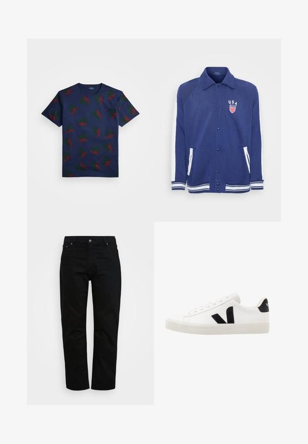 Marineblaue Jacke mit weißen Akzenten, Knopfverschluss und Seitentaschen. Verfügt über ein "USA"-Emblem mit Sternen und Streifen, gerippte Bündchen und Saum.; Navyblaue Baumwoll-T-Shirt mit einem sich wiederholenden Muster aus roten und grünen geflügelten Designs. Mit Rundhalsausschnitt und kurzen Ärmeln.; Schwarze Jeans aus Baumwolle, mit klassischem Schnitt, Fünf-Taschen-Design und Metallknopfverschluss. Glatte Textur mit geradem Bein.; Weiße Leder-Sneaker mit schwarzen Wildlederelementen; verfügen über eine Gummisohle, eine runde Spitze und ein klassisches Schnürdesign. Seitliches Logo in Schwarz.