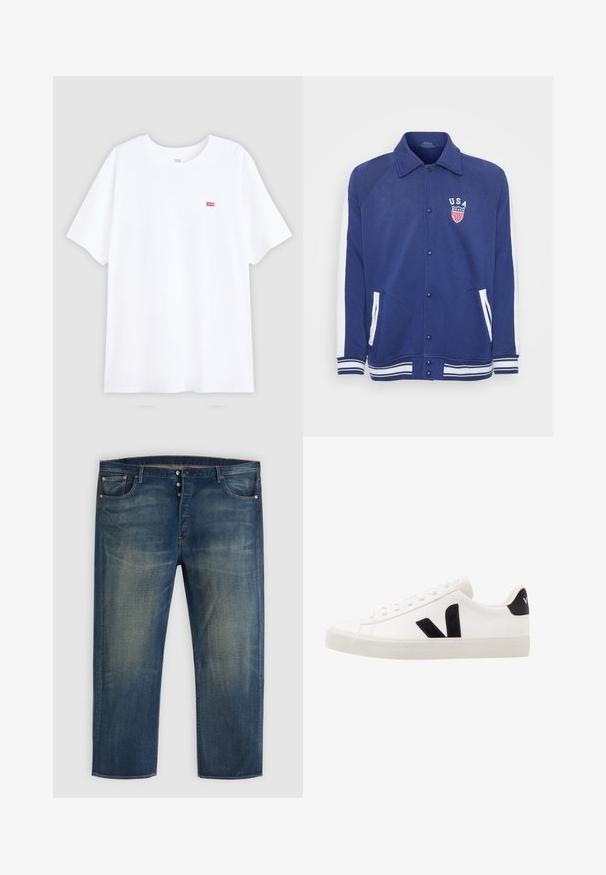 Chaqueta de color azul marino con acentos blancos, cierre de botones y bolsillos laterales. Presenta un emblema de "EE. UU." con estrellas y rayas, puños y dobladillo acanalados.; Camiseta blanca de algodón con mangas cortas y cuello redondo. Presenta un pequeño logo rojo de Levi's en el lado izquierdo del pecho. Diseño plano, sin patrones.; Jeans de denim azul con cierre de botones, diseño clásico de cinco bolsillos y detalles descoloridos en los muslos y las rodillas.; Zapatilla de cuero blanca con acentos de ante negro; presenta una suela de goma, puntera redonda y un diseño clásico de cordones. Logo lateral en negro.
