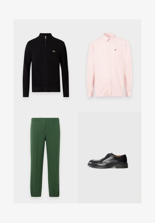 Zwarte ritssluiting cardigan van ribgebreid materiaal, met een hoge kraag en een klein groen logo op de linkerborst.; Lichtroze overhemd met lange mouwen, knopen en een borstzak met een klein groen krokodillenlogo op de zak.; Groene joggingbroek van zacht materiaal; heeft een elastische tailleband, taps toeloopende pijpen en een klein logo aan de zijkant.; Zwarte leren dresschoenen met een ronde neus, een gladde afwerking, veters en een lage, gestructureerde rubberen zool. Strakke lijnen en een minimalistisch ontwerp.