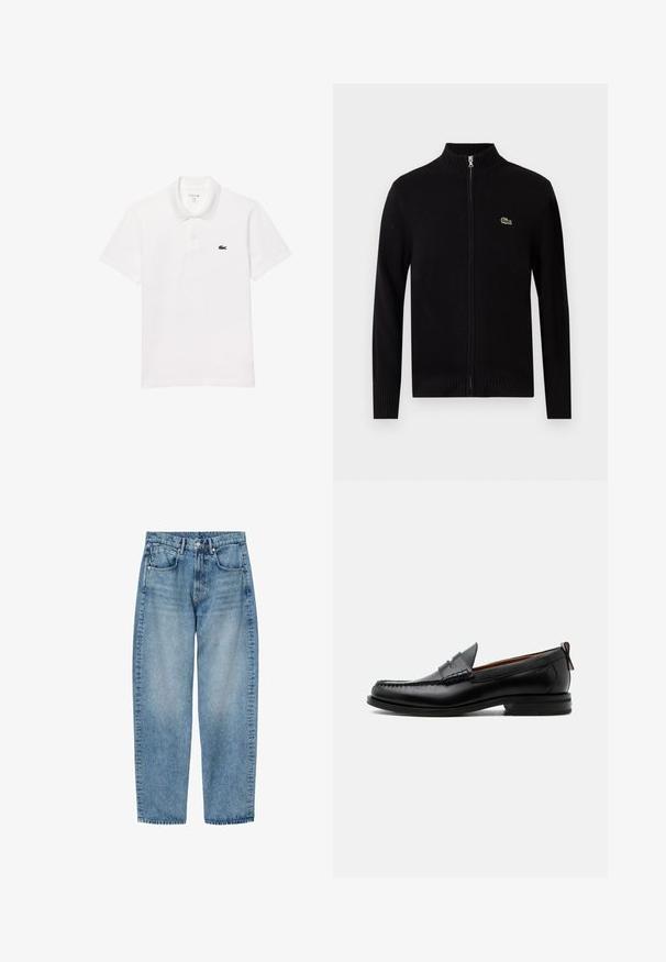Zwarte ritssluiting cardigan van ribgebreid materiaal, met een hoge kraag en een klein groen logo op de linkerborst.; Witte polo shirt van katoen, met een standaard kraag, korte mouwen en een klein marineblauw logo op de linkerkant van de borst.; Lichtblauwe rechte spijkerbroek met voorzakken, riemlussen en knoopsluiting, plat liggend op een witte achtergrond.; Zwarte leren herensloffen met moc toe stiksel, pennyriem, gestructureerde kraag en lage gestapelde hak op witte achtergrond.