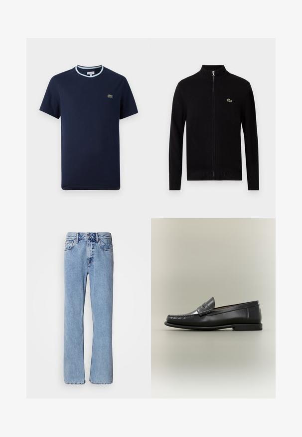 Cárdigan negro con cremallera elaborado en material de punto acanalado, con un cuello alto y un pequeño logo verde en el lado izquierdo del pecho.; Camiseta de algodón azul marino, con un cuello acanalado azul claro. Presenta un pequeño logotipo de cocodrilo verde en el pecho. Diseño de mangas cortas.; Jeans de mezclilla azul claro con un diseño de pierna recta, cinco bolsillos y cierre de botón. Detalles de costura cerca de los bolsillos y la cintura.; Mocasín de hombre de cuero negro con diseño moc-toe, tira de tipo penny y tacón bajo sobre fondo neutro.