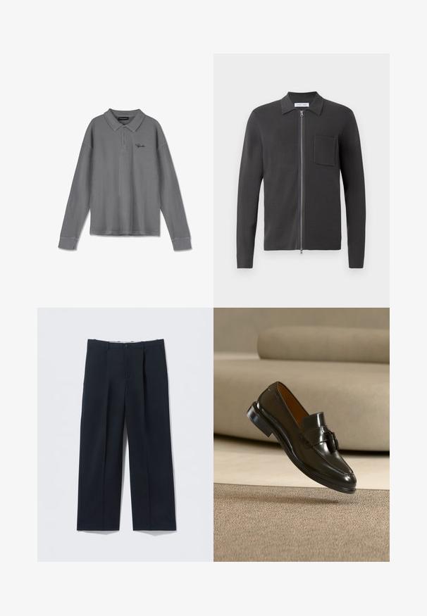 Samsøe Samsøe GUNA ZIP - Chaqueta de punto - black oyster; Polo de manga larga en tela a rayas gris. Cuenta con un cuello, placa de tres botones y un discreto logotipo negro en el pecho.; Pantalones azul marino oscuros hechos de tela suave, con un ajuste entallado, dos bolsillos delanteros y cierre de botón.; Zapato mocasín de cuero negro con borlas flotando sobre una alfombra beige con un sofá beige al fondo.