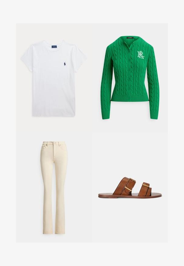 Grüner Strickcardigan mit Rundhalsausschnitt, gerippter Saum und weißem Sticklogo auf der linken Brust. Mit Knopfleiste vorne.; Weißes T-Shirt mit kurzen Ärmeln und Rundhalsausschnitt mit kleinem dunkelblauem Polo Ralph Lauren Logo auf der linken Brust.; Beige Jeans mit ausgestelltem Bein und hoher Taille, zwei vorderen Taschen und Knopfverschluss. Glatte Textur und minimale Nähte.; Braune Ledersandalen zum Hineinschlüpfen mit zwei verstellbaren Riemen, goldfarbenen Schnallen und einer flachen Holzsohle.