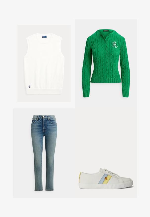 Groen kabelgebreid vest met een afgeronde kraag, geribbelde zoom en een wit geborduurd logo op de linkerborst. Voorzien van een knoopsluiting aan de voorkant.; Witte mouwloze top van zachte stof, met een geribde halslijn en zoom. Klein marineblauw logo geborduurd in de linkerbenedenhoek.; Lichtblauwe jeans met een rechte pijp, voorzien van een knoopsluiting, voorzakken en een subtiele vervaagde structuur. Hoogwaardig denim materiaal.; Witte lage sneaker met blauwe en gele zijstrepen en een klein gouden logodetail, voorzien van witte veters en een gestructureerde rubberen zool.