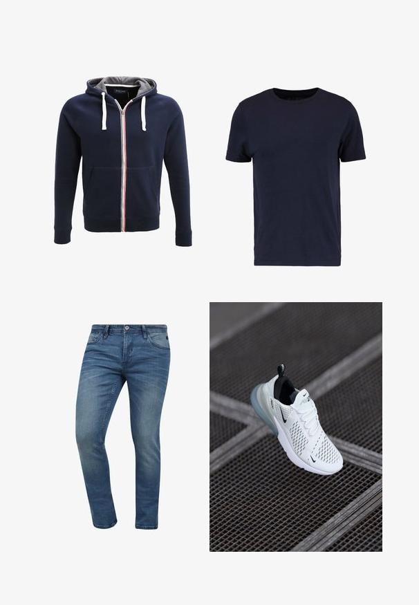 Marineblå zip-up hoodie med grå inderside, hvide snore og en rød og hvid stribe ned ad midten. Har frontlommer.; Pier One T-shirts basic - dark blue; Tætsiddende blå denim jeans med en falmet vask, fem lomme-design og lukning med metalknap. Stoffet har en let tekstur og syninger.; Hvide atletiske sneakers med perforeret mesh-overdel, sorte accenter, synlige snørebånd og en gennemsigtig luftdæmpningssål.