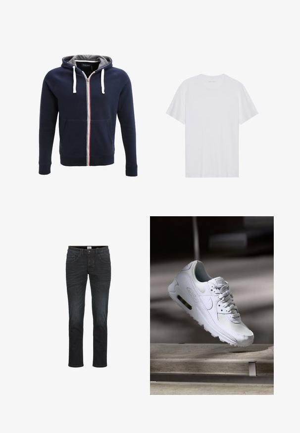 Marineblaue Zip-Hoodie mit grauem Innenfutter, weißen Kordeln und einem roten und weißen Streifen in der Mitte. Verfügt über Fronttaschen.; Weißes Baumwoll-T-Shirt mit kurzen Ärmeln, Rundhalsausschnitt und glatter Textur. Verfügt über eine minimale Markenkennzeichnung am Halsausschnitt.; Schlanke Jeans in dunkelblauem Denim, mit fünf Taschen, Gürtelschlaufen und einem Reißverschluss. Glatte Textur mit minimaler Ausbleichung und Nähdetails.; Weiße Nike Air Max 90 Sneaker mit einem Obermaterial aus Mesh und Leder, durchlässigem Zehenbereich und einer sichtbaren Air-Einheit in der Ferse.