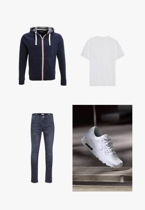 Sudadera con cremallera en color azul marino, con interior gris, cordones blancos y una franja roja y blanca en el centro. Cuenta con bolsillos delanteros.; Camiseta de algodón blanca con mangas cortas, cuello redondo y una textura suave. Presenta una marca mínima en el escote.; Jeans de denim azul oscuro con un ajuste slim, que cuentan con cinco bolsillos, costuras claras y un clásico cierre con cremallera y botón.; Zapatilla Nike Air Max 90 blanca con parte superior de malla y cuero, caja de puntera perforada y unidad de aire visible en el talón.