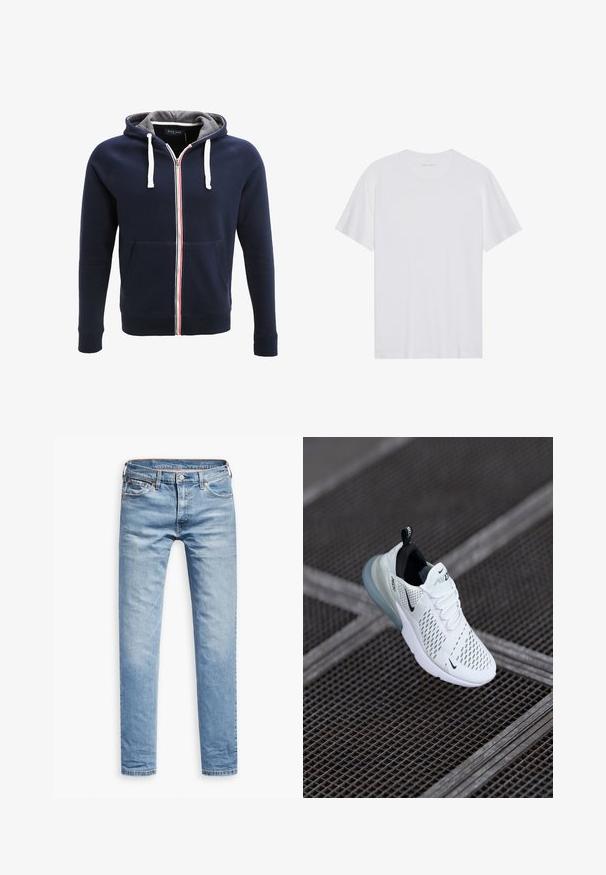 Marineblaue Zip-Hoodie mit grauem Innenfutter, weißen Kordeln und einem roten und weißen Streifen in der Mitte. Verfügt über Fronttaschen.; Weißes Baumwoll-T-Shirt mit kurzen Ärmeln, Rundhalsausschnitt und glatter Textur. Verfügt über eine minimale Markenkennzeichnung am Halsausschnitt.; Helle blaue Jeans, gerade geschnitten, mit fünf Taschen, Reißverschluss und Knopfverschluss. Glatte Textur mit dezenten Ausbleichungen.; Weißer Sportschuh mit perforiertem Mesh-Obermaterial, schwarzen Akzenten, sichtbaren Schnürsenkeln und einer durchsichtigen Luftpolstersohle.