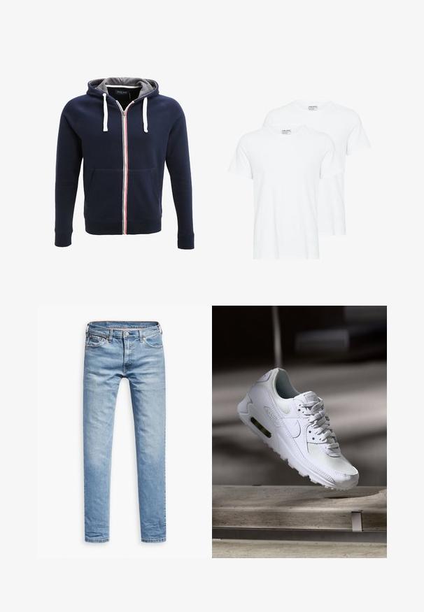 Marineblå zip-up hoodie med grå inderside, hvide snore og en rød og hvid stribe ned ad midten. Har frontlommer.; To ensfarvede hvide T-shirts med korte ærmer og rund hals, der overlapper hinanden på en hvid baggrund.; Lyseblå denimbukser, lige pasform, fem-lomme design, med lynlås og knaplukning. Glat tekstur med subtile falmede detaljer.; Hvide Nike Air Max 90 sneakers med en overdel i mesh og læder, perforeret tåboks og en synlig luftenhed i hælen.