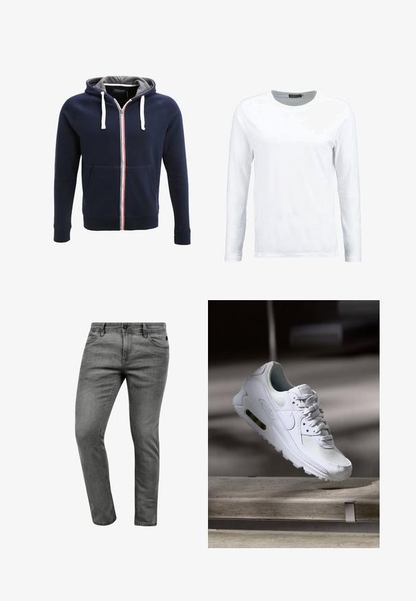 Marineblå zip-up hoodie med grå inderside, hvide snore og en rød og hvid stribe ned ad midten. Har frontlommer.; Hvid langærmet t-shirt lavet af bomuld, med rund hals og en glat tekstur. Ingen mønstre eller detaljer. Enkel design.; Grå denim jeans med slim fit, der har fem lommer, en knaplukning og diskrete syninger. Blød tekstur og enkelt design.; Hvide Nike Air Max 90 sneakers med en overdel i mesh og læder, perforeret tåboks og en synlig luftenhed i hælen.