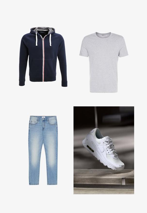 Hoodie zippé bleu marine avec un intérieur gris, des cordons blancs et une bande rouge et blanche au centre. Comprend des poches avant.; T-shirt en coton gris avec un col rond, des manches courtes et un design sobre, offrant une texture douce et lisse sans motifs ni embellissements visibles.; Jean en denim bleu clair avec une coupe regular, design à cinq poches, légère patine à l'avant et finition jambe droite.; Sneaker Nike Air Max 90 blanche avec une tige en mesh et cuir, une boîte à orteils perforée et une unité air visible au talon.